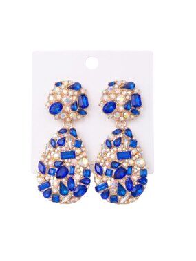 3/$20 NWT | Royal Blue AB Rhinestone Teardrop Statement Drop Earrings Gold Bold